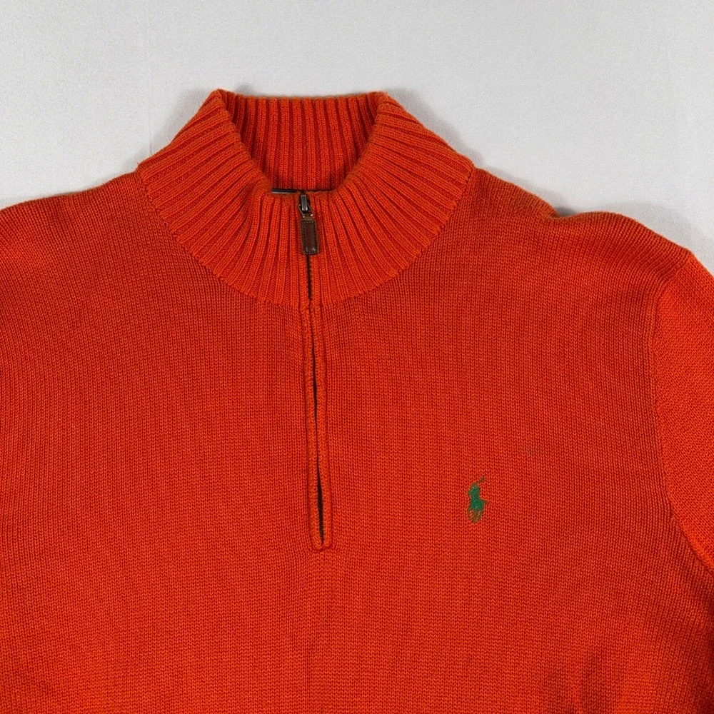 Polo Ralph‎ Lauren Quarter Zip Sweater Orange Cotton Knit Mens Large
